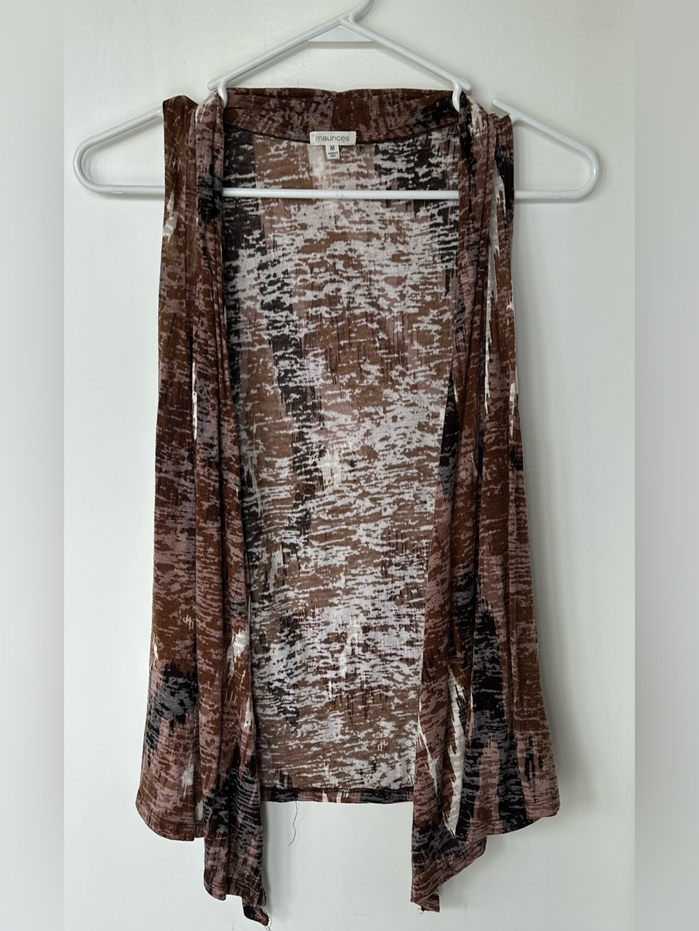 Women’s Maurices Boho Brown & Cream Patterned Open Front Vest- Size M